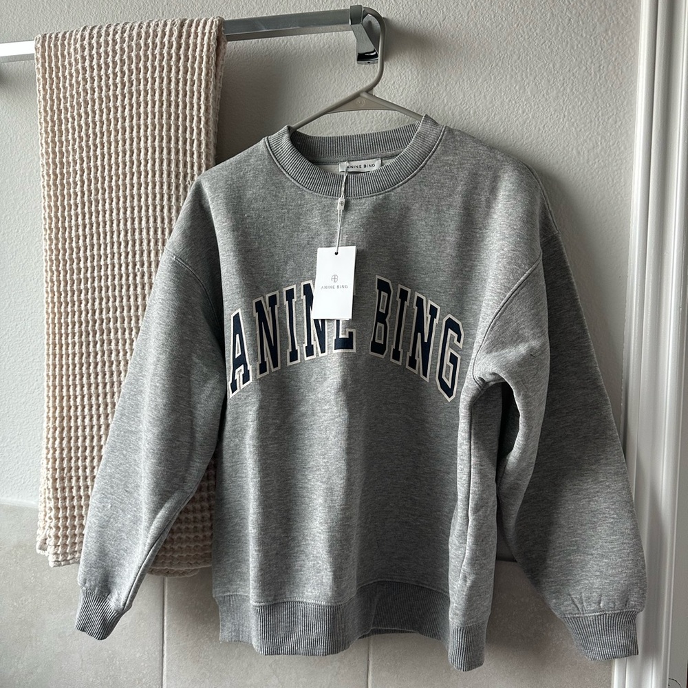 Anine Bing Spencer Sweatshirt in Medium Heather Grey with Navy